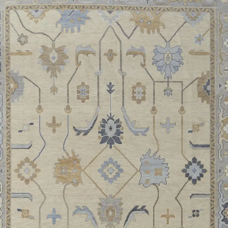 2' X 3' Gray Ivory and Blue Wool Floral Hand Knotted Area Rug With Fringe