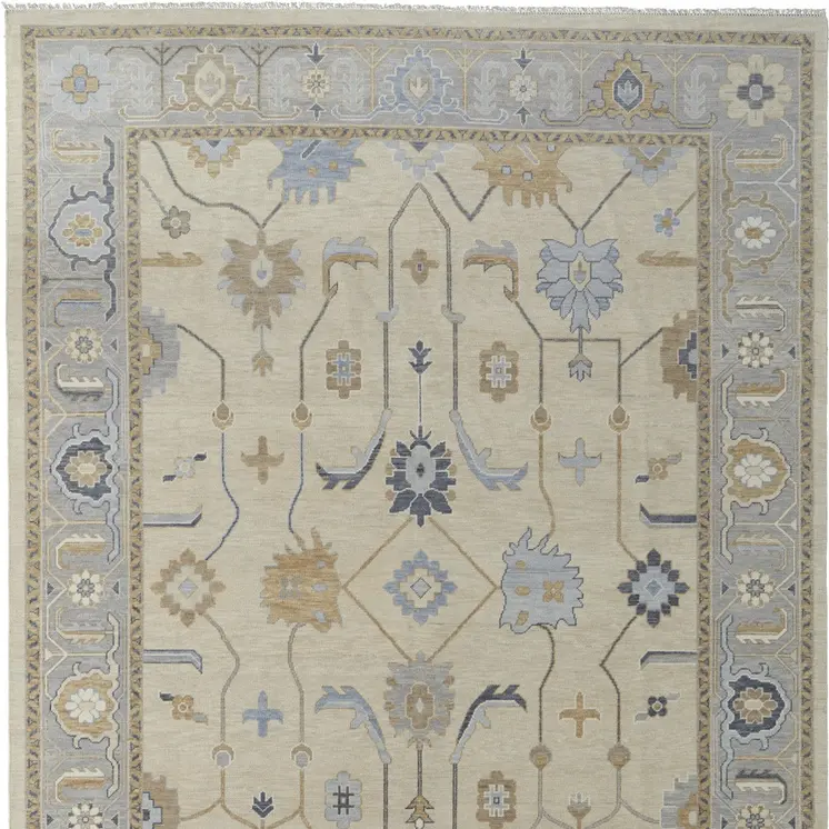 2' X 3' Gray Ivory and Blue Wool Floral Hand Knotted Area Rug With Fringe