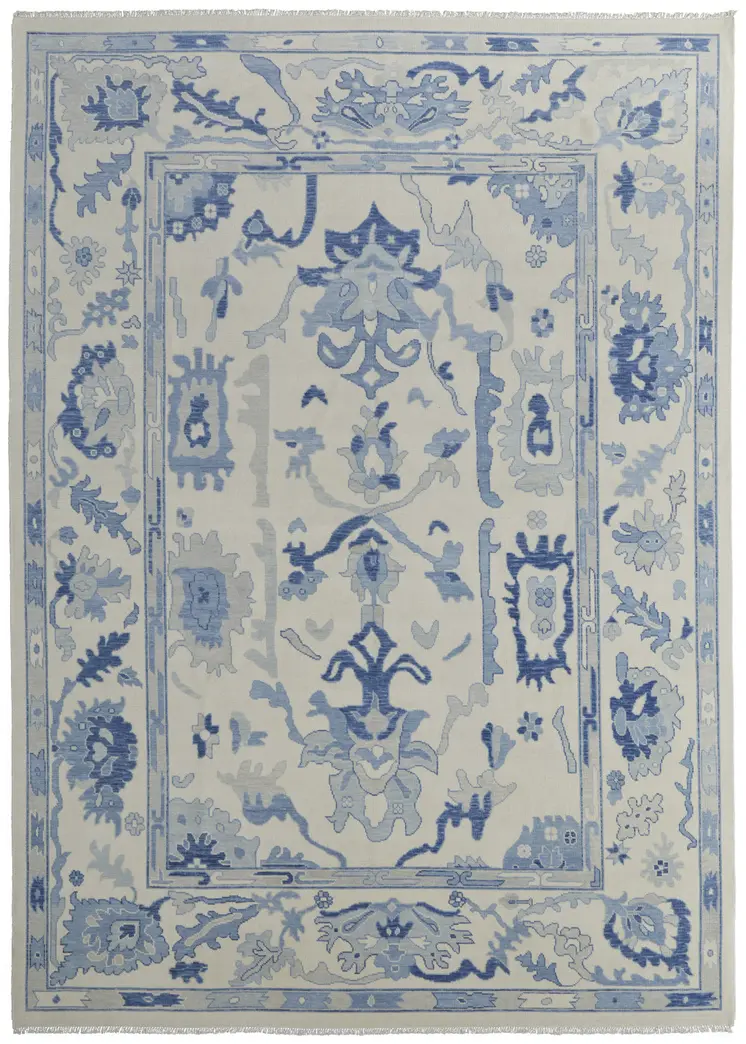 8' X 10' Ivory and Blue Wool Floral Hand Knotted Area Rug With Fringe