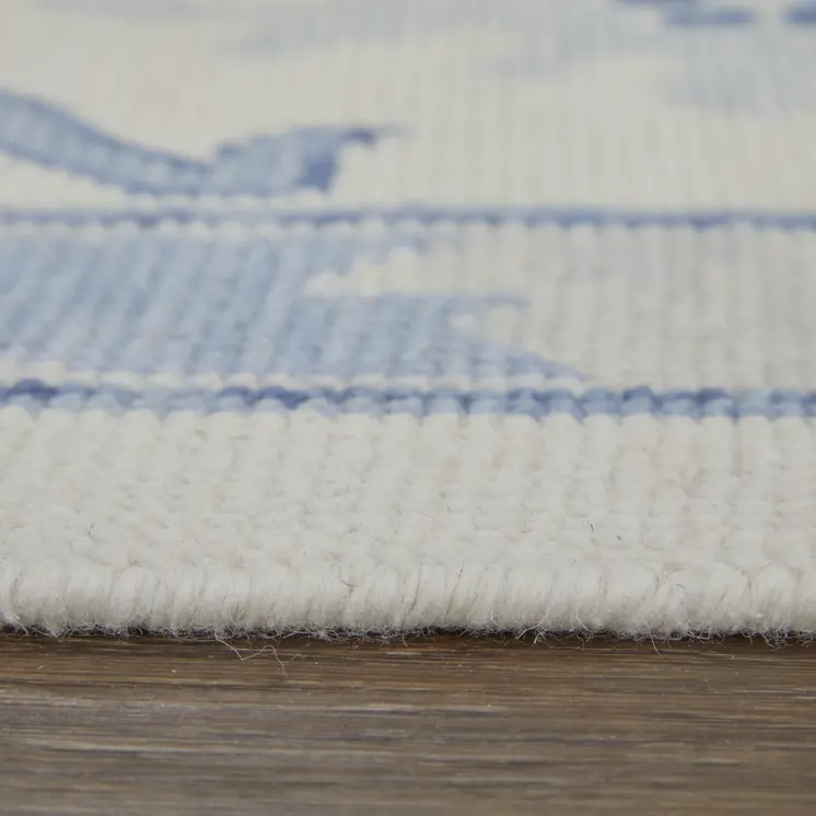 9' X 13' Ivory and Blue Wool Floral Hand Knotted Area Rug With Fringe