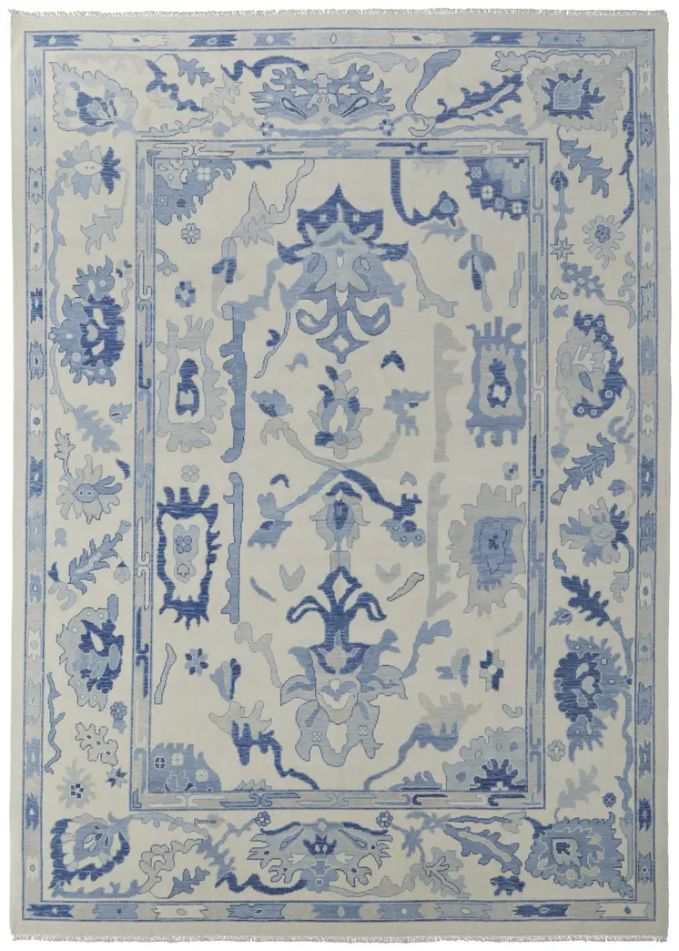 9' X 13' Ivory and Blue Wool Floral Hand Knotted Area Rug With Fringe