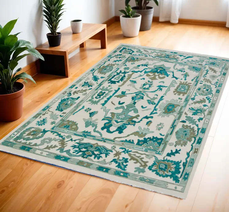 4' X 6' Green and Ivory Wool Floral Hand Knotted Area Rug With Fringe