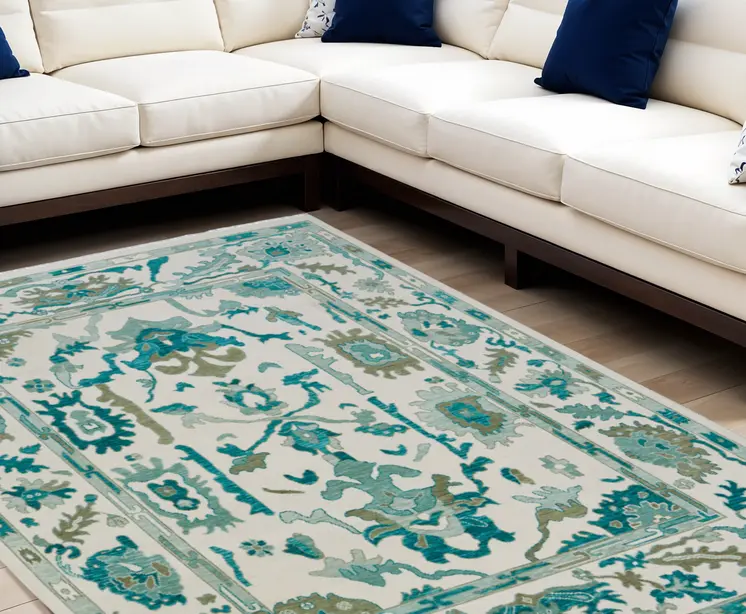 8' X 10' Green and Ivory Wool Floral Hand Knotted Area Rug With Fringe