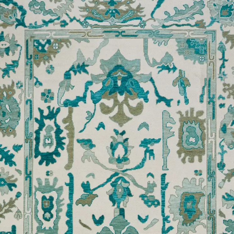 8' X 10' Green and Ivory Wool Floral Hand Knotted Area Rug With Fringe