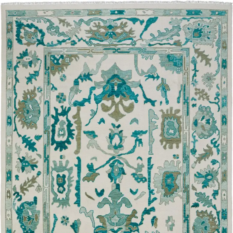 9' X 13' Green and Ivory Wool Floral Hand Knotted Area Rug With Fringe