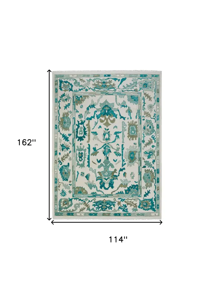 9' X 13' Green and Ivory Wool Floral Hand Knotted Area Rug With Fringe