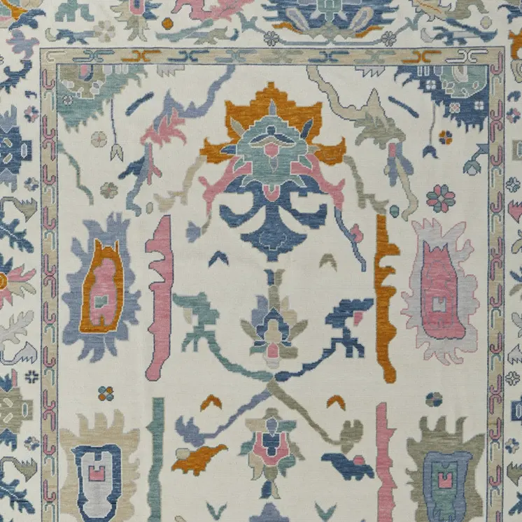 6' X 9' Blue Ivory and Pink Wool Floral Hand Knotted Area Rug With Fringe
