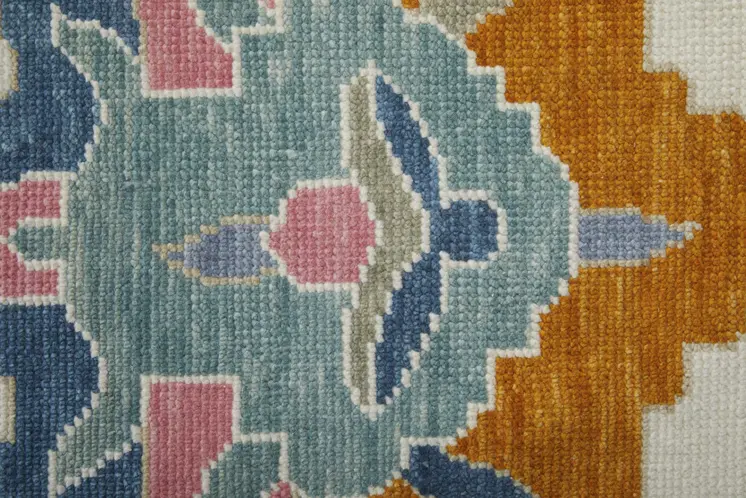 8' X 10' Blue Ivory and Pink Wool Floral Hand Knotted Area Rug With Fringe
