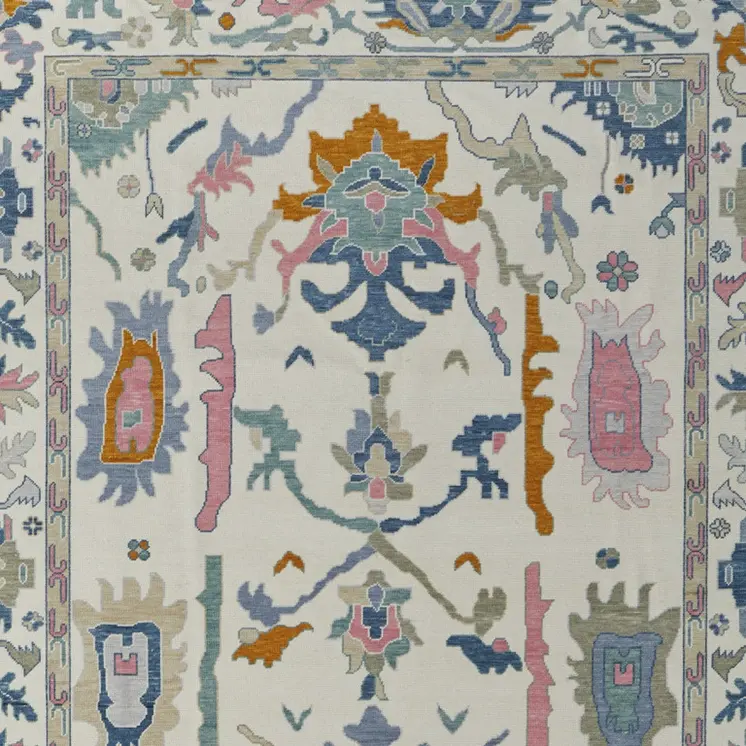 8' X 10' Blue Ivory and Pink Wool Floral Hand Knotted Area Rug With Fringe