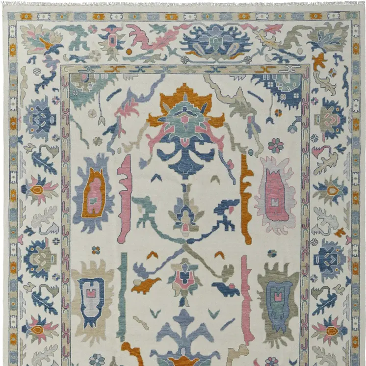 8' X 10' Blue Ivory and Pink Wool Floral Hand Knotted Area Rug With Fringe