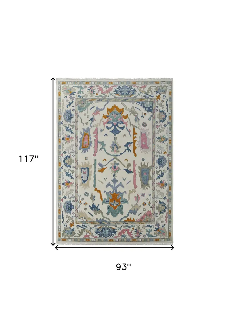 8' X 10' Blue Ivory and Pink Wool Floral Hand Knotted Area Rug With Fringe