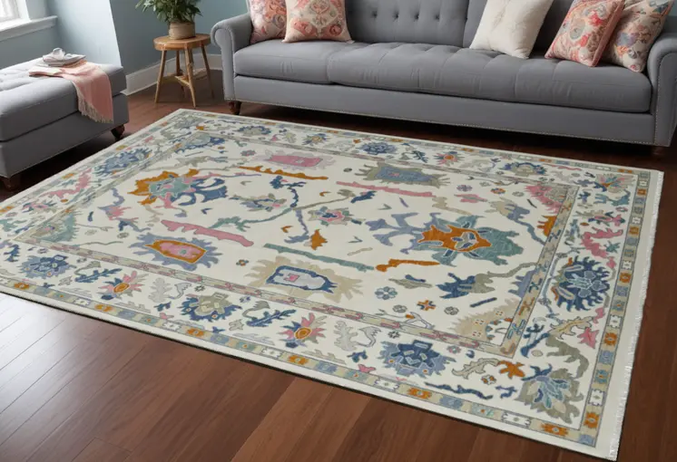 8' X 12' Blue Ivory and Pink Wool Floral Hand Knotted Area Rug With Fringe