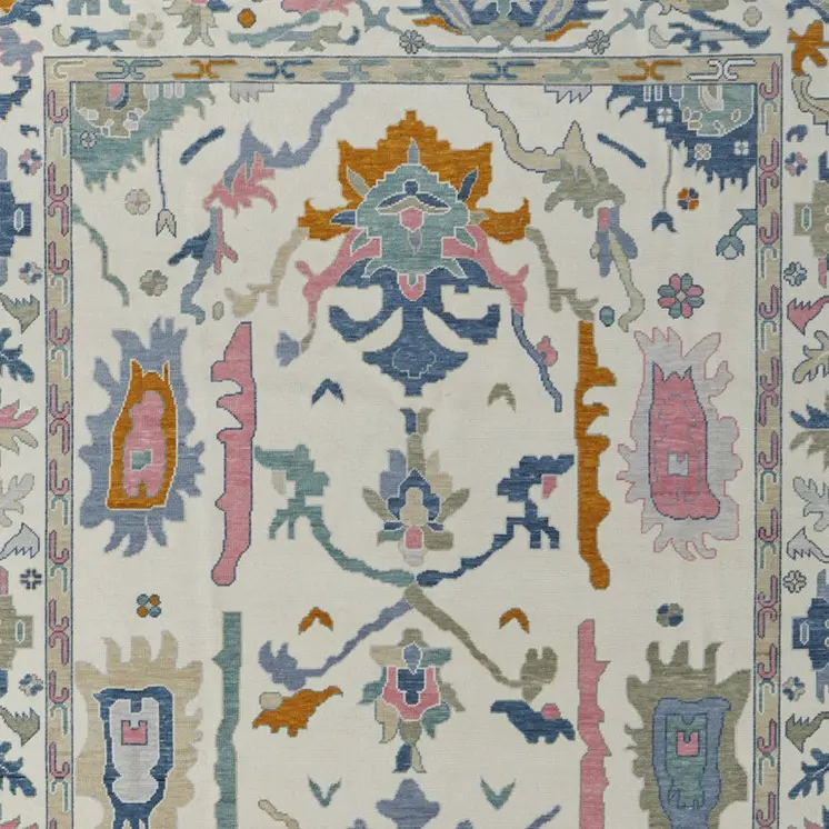 8' X 12' Blue Ivory and Pink Wool Floral Hand Knotted Area Rug With Fringe