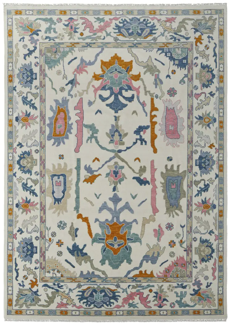 8' X 12' Blue Ivory and Pink Wool Floral Hand Knotted Area Rug With Fringe