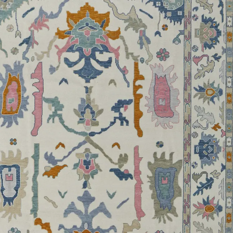 9' X 13' Blue Ivory and Pink Wool Floral Hand Knotted Area Rug With Fringe