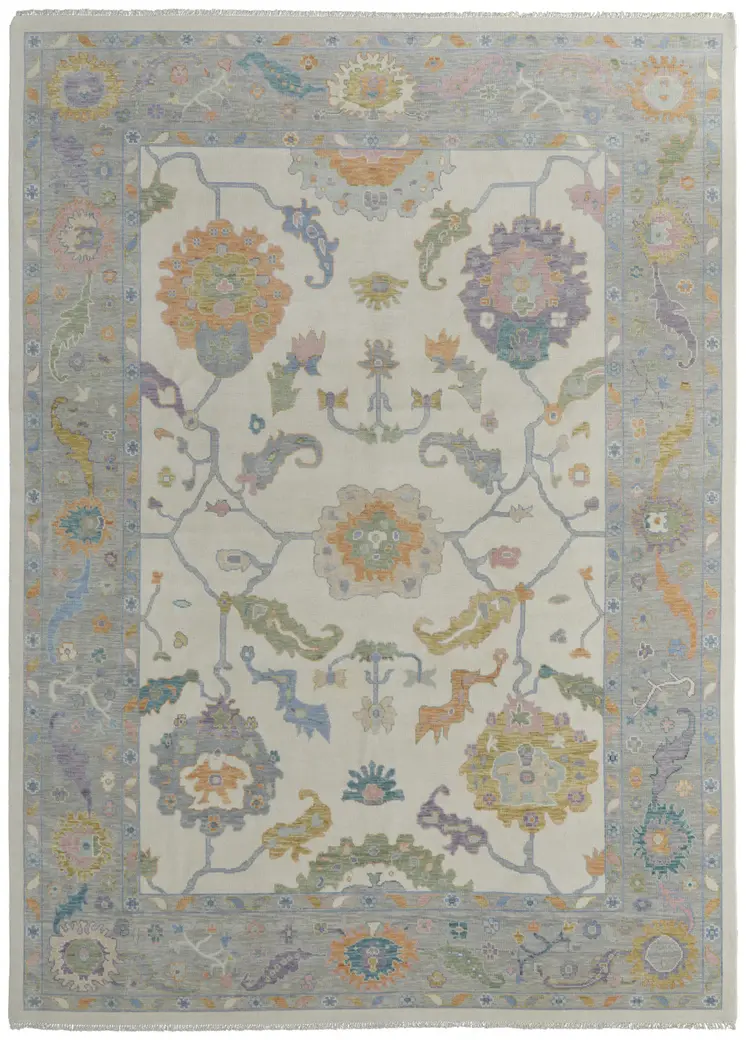 4' X 6' Gray Ivory and Orange Wool Floral Hand Knotted Area Rug With Fringe