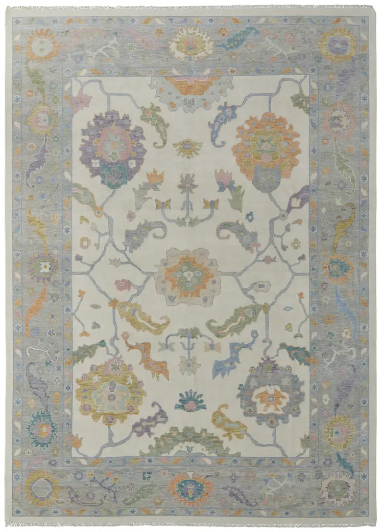 6' X 9' Gray Ivory and Orange Wool Floral Hand Knotted Area Rug With Fringe