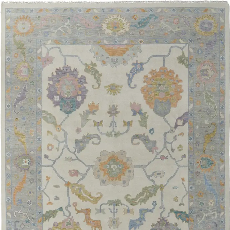 6' X 9' Gray Ivory and Orange Wool Floral Hand Knotted Area Rug With Fringe