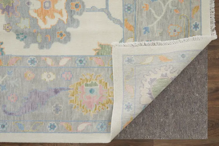 9' X 13' Gray Ivory and Orange Wool Floral Hand Knotted Area Rug With Fringe