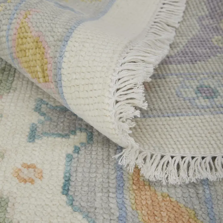 9' X 13' Gray Ivory and Orange Wool Floral Hand Knotted Area Rug With Fringe