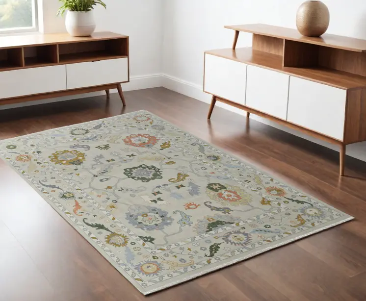 4' X 6' Gray Ivory and Gold Wool Floral Hand Knotted Area Rug With Fringe
