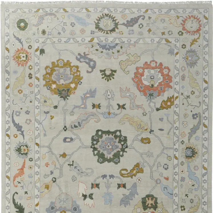 4' X 6' Gray Ivory and Gold Wool Floral Hand Knotted Area Rug With Fringe