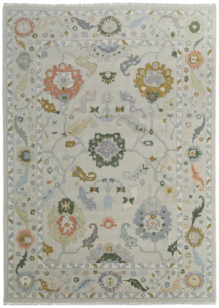 4' X 6' Gray Ivory and Gold Wool Floral Hand Knotted Area Rug With Fringe