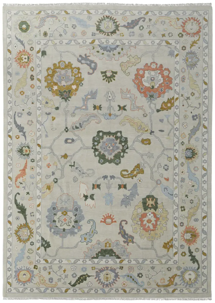 8' X 12' Gray Ivory and Gold Wool Floral Hand Knotted Area Rug With Fringe