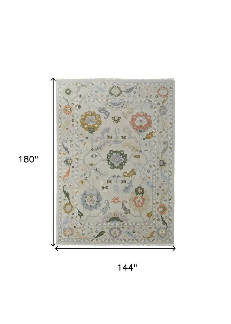 12' X 15' Gray Ivory and Gold Wool Floral Hand Knotted Area Rug With Fringe