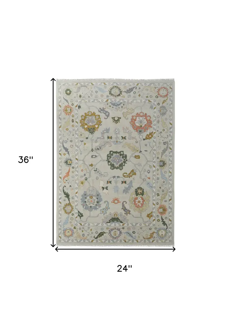 2' X 3' Gray Ivory and Gold Wool Floral Hand Knotted Area Rug With Fringe