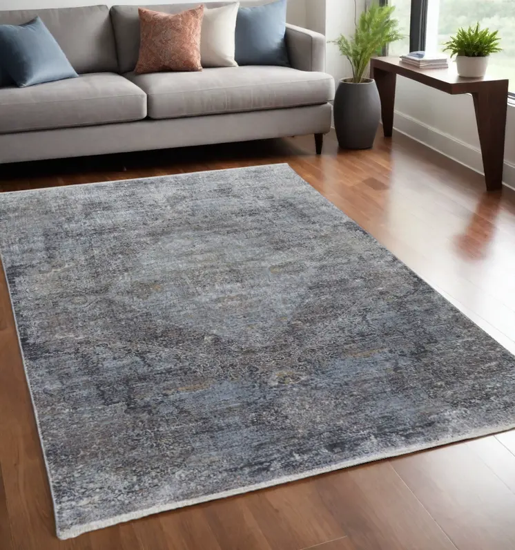 5' X 7' Gray and Silver Abstract Power Loom Worn Faded Area Rug