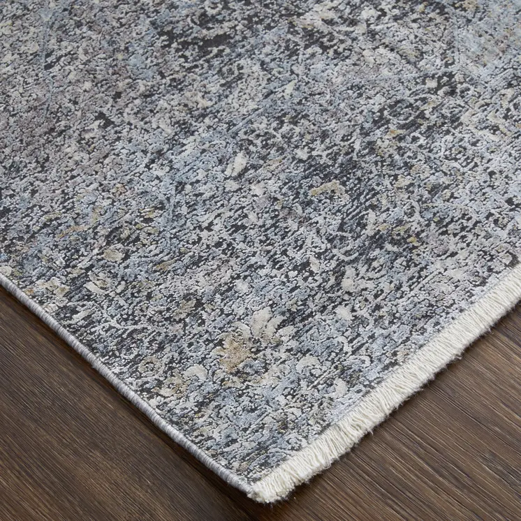 8' X 10' Gray and Silver Abstract Power Loom Worn Faded Area Rug