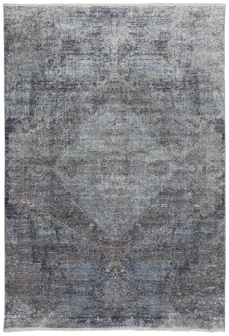 8' X 10' Gray and Silver Abstract Power Loom Worn Faded Area Rug