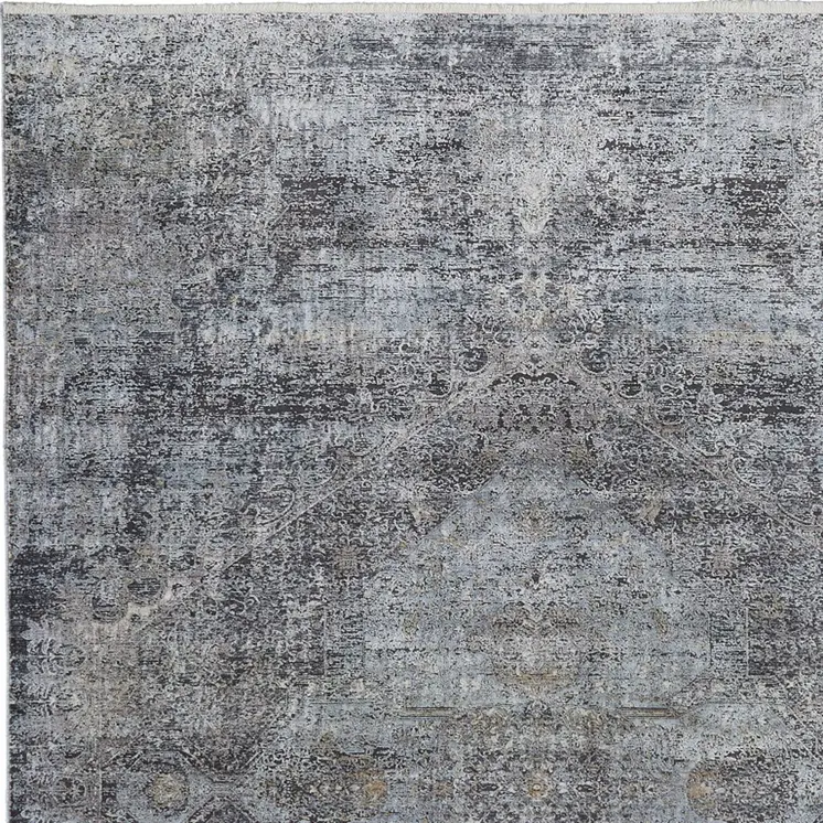 8' X 10' Gray and Silver Abstract Power Loom Worn Faded Area Rug