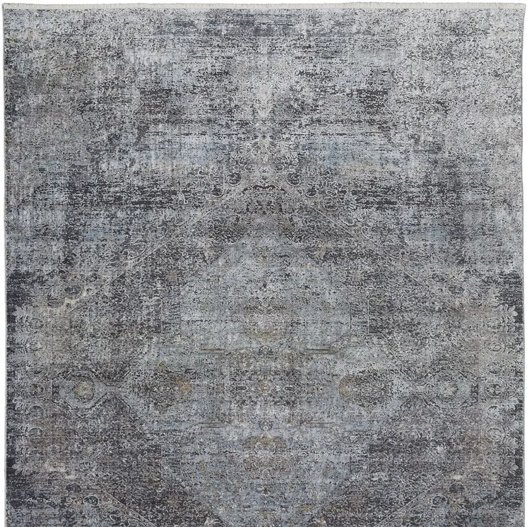 9' X 13' Gray and Silver Abstract Power Loom Worn Faded Area Rug