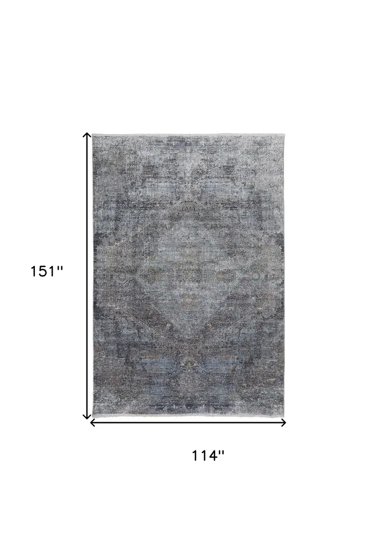 9' X 13' Gray and Silver Abstract Power Loom Worn Faded Area Rug