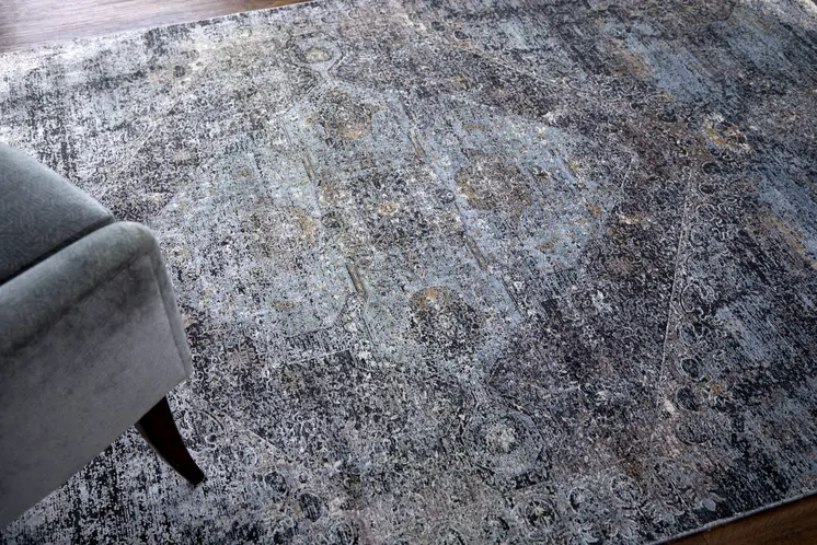 9' X 13' Gray and Silver Abstract Power Loom Worn Faded Area Rug