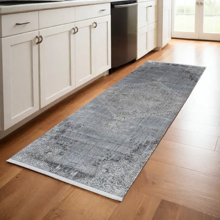 8' Gray and Silver Abstract Power Loom Worn Faded Runner Rug