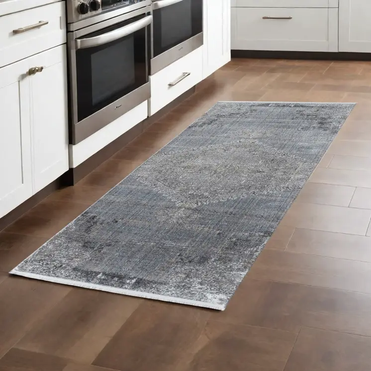 8' Gray and Silver Abstract Power Loom Worn Faded Runner Rug
