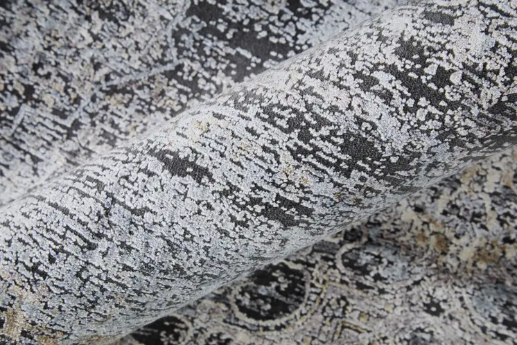 8' Gray and Silver Abstract Power Loom Worn Faded Runner Rug
