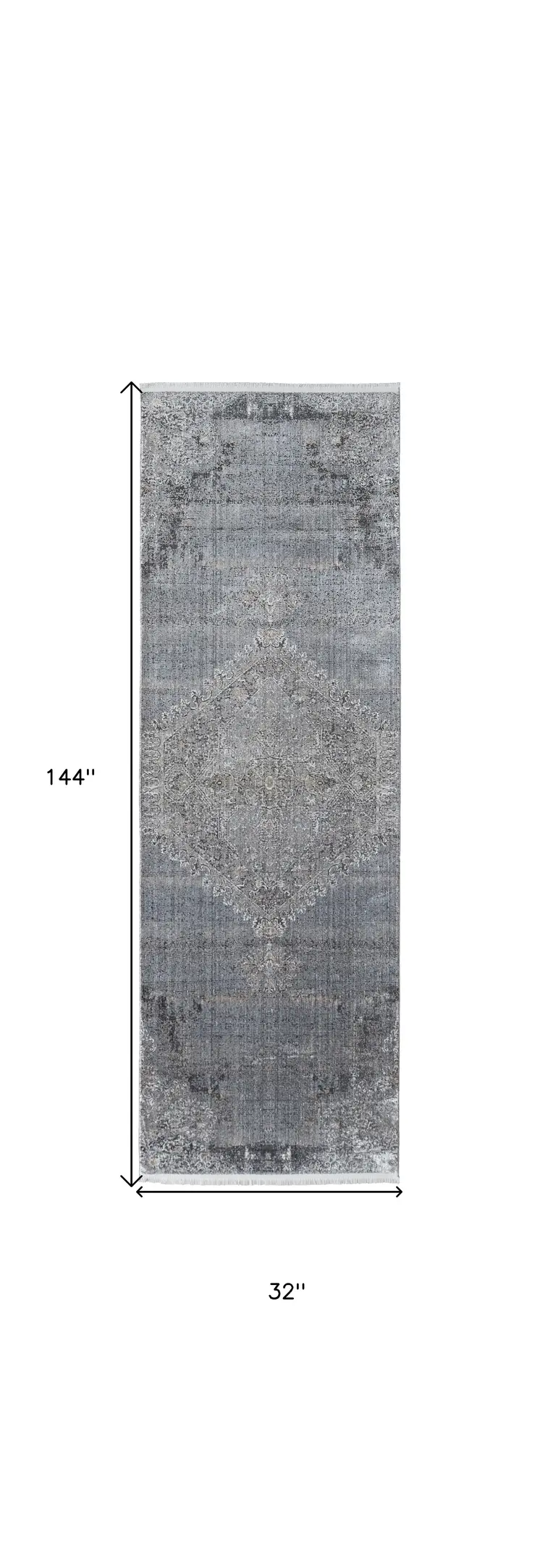 12' Gray and Silver Abstract Power Loom Worn Faded Runner Rug