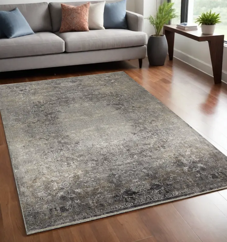 5' X 7' Tan and Gray Oriental Power Loom Worn Faded Area Rug