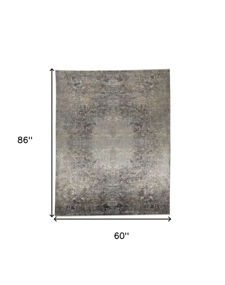 5' X 7' Tan and Gray Oriental Power Loom Worn Faded Area Rug