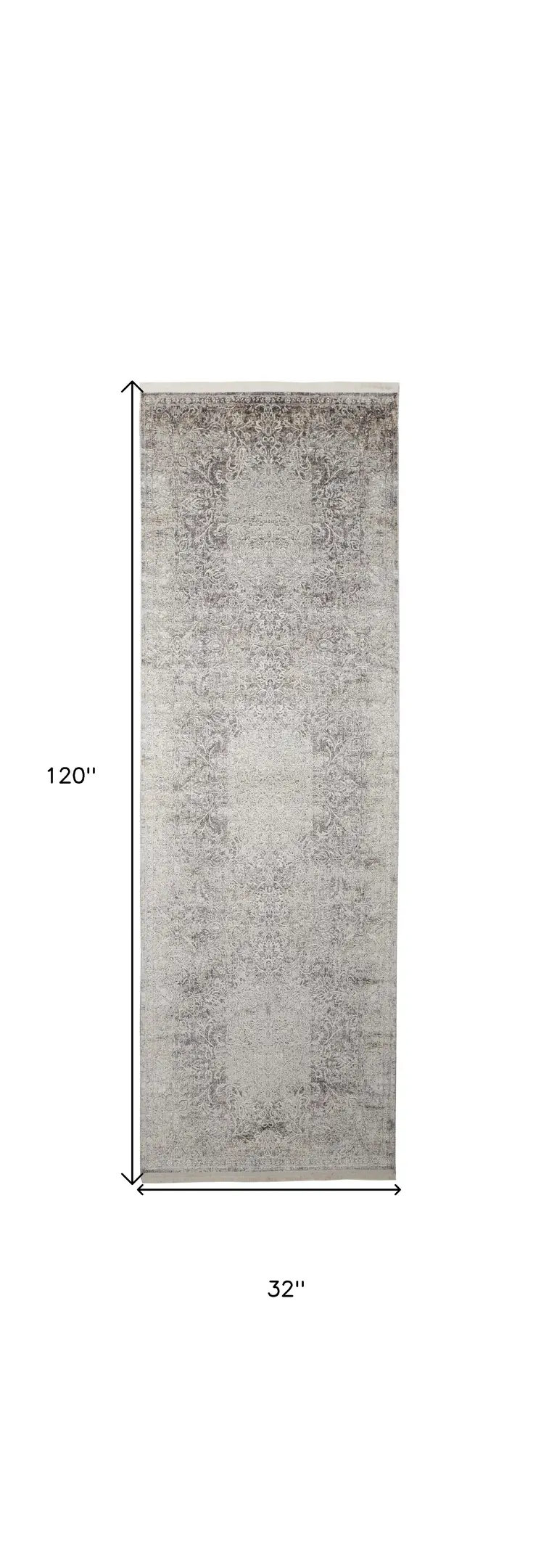 8' Gray and Ivory Oriental Power Loom Worn Faded Runner Rug