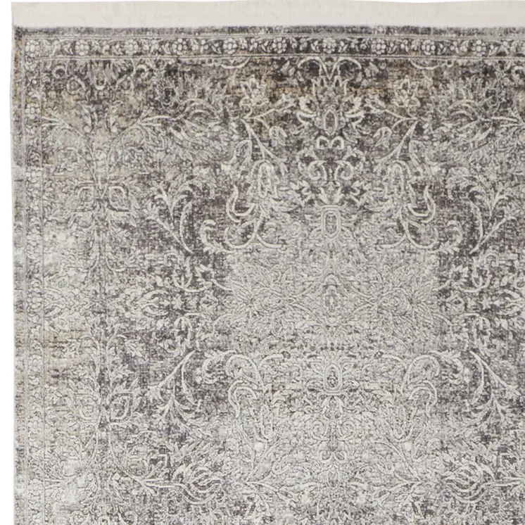8' Gray and Ivory Oriental Power Loom Worn Faded Runner Rug