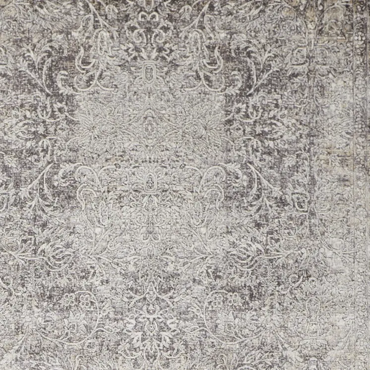 8' Gray and Ivory Oriental Power Loom Worn Faded Runner Rug