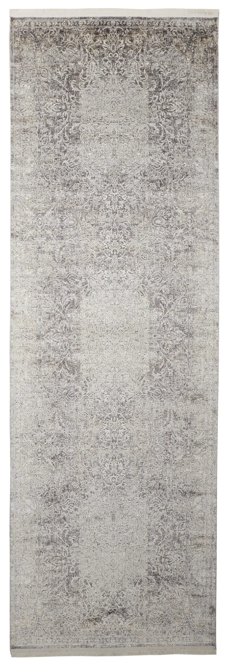 8' Gray and Ivory Oriental Power Loom Worn Faded Runner Rug