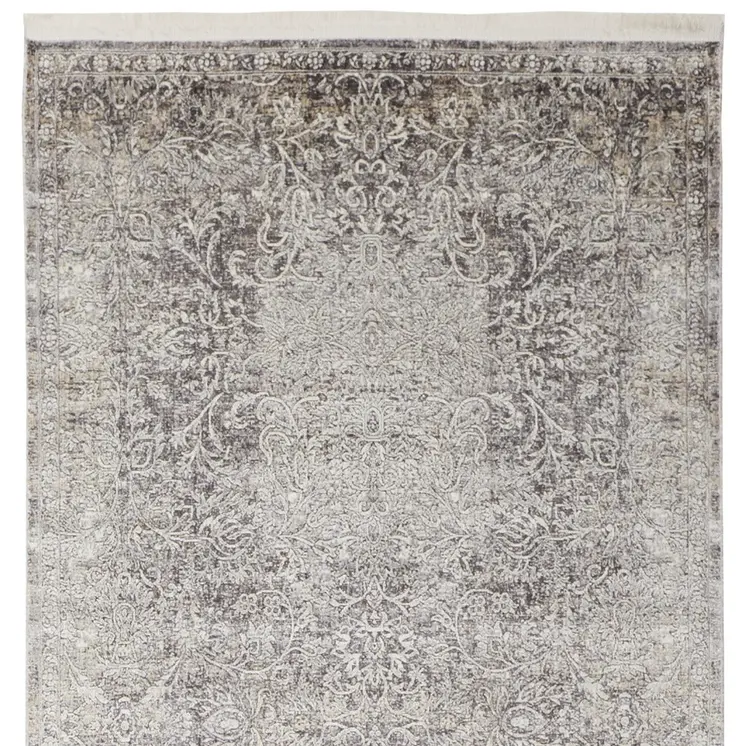 12' Gray and Ivory Oriental Power Loom Worn Faded Runner Rug