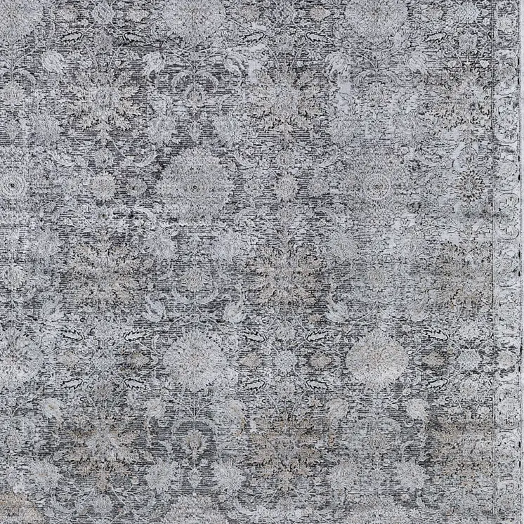 4' X 5' Gray and Silver Damask Power Loom Worn Faded Area Rug