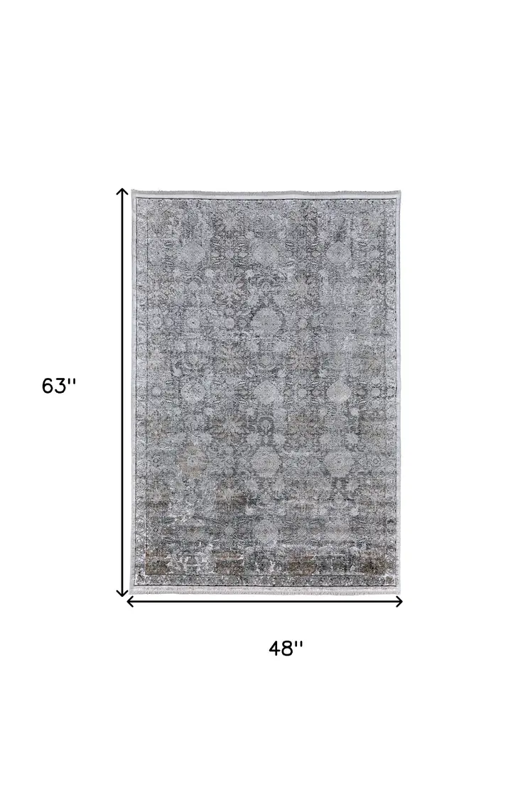 4' X 5' Gray and Silver Damask Power Loom Worn Faded Area Rug